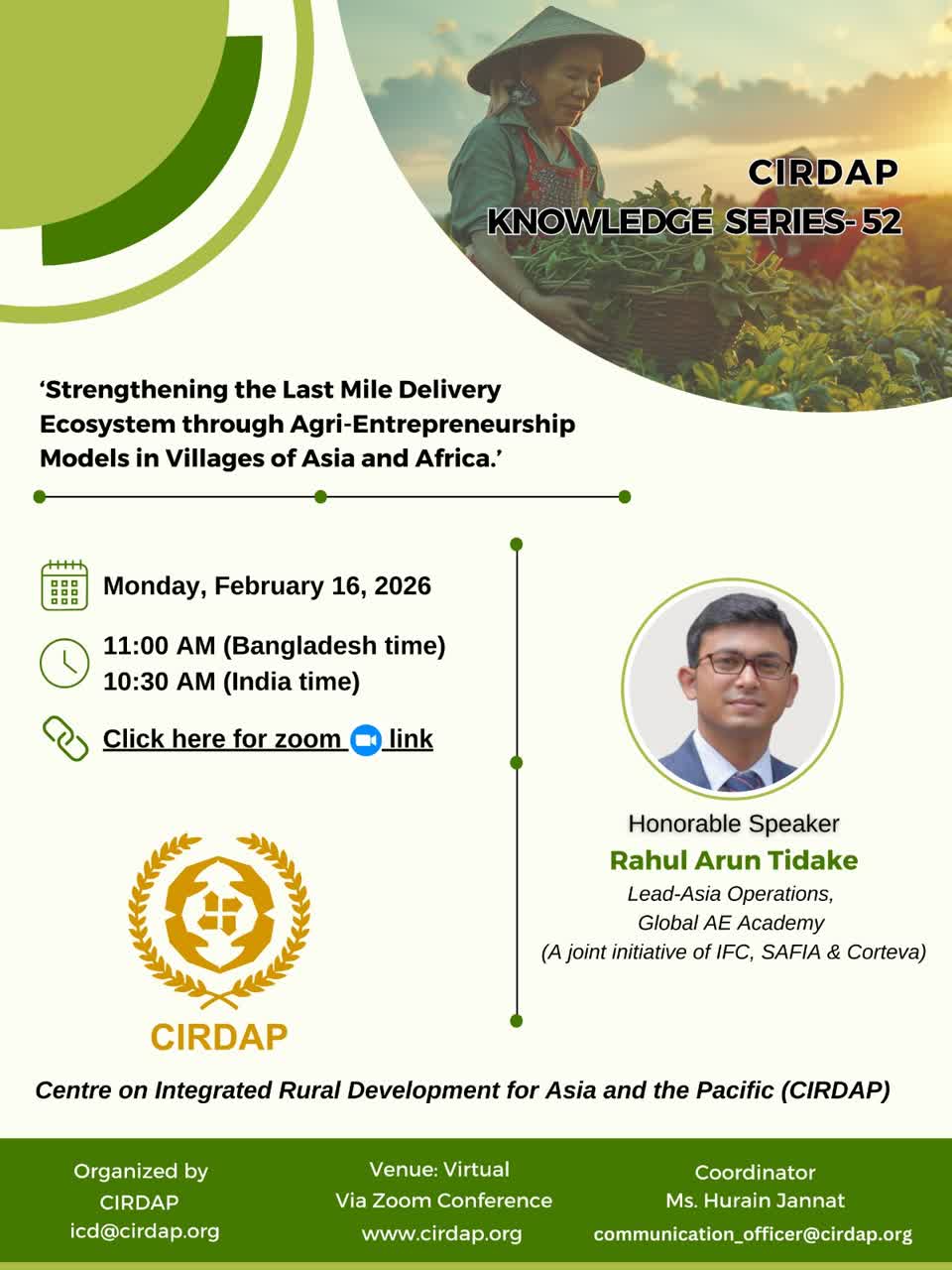  وبینار مجازی با موضوع «تقویت اکوسیستم تحویل محصول در آخرین حلقه زنجیره تامین از طریق الگوهای کارآفرینی کشاورزی در روستاهای آسیا و آفریقا»  برگزار می‌شود.